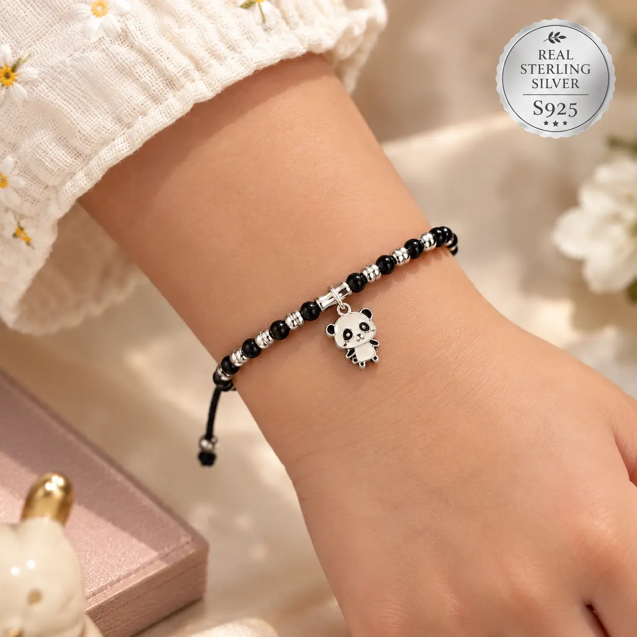 925 Silver Nazariya with Panda Motif – Black Beads