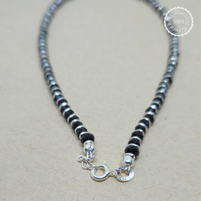 Black Beads Silver Anklet