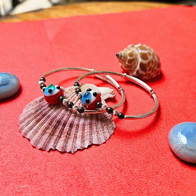 Silver Baccha Kada with Red Face Bead and Black Beads