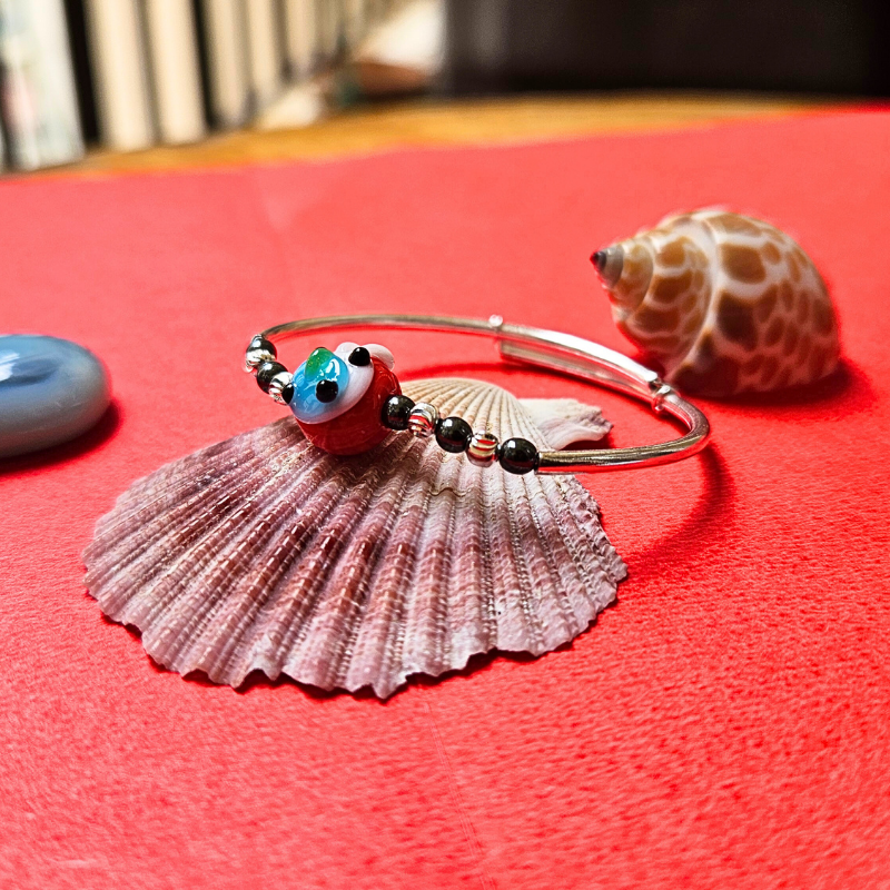 Silver Baccha Kada with Red Face Bead and Black Beads