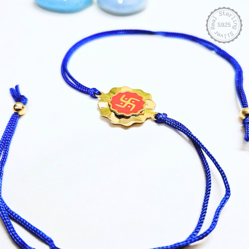 925 Silver Swastik Rakhi with Golden Plating