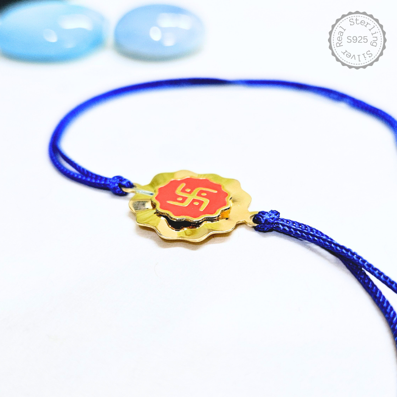 925 Silver Swastik Rakhi with Golden Plating