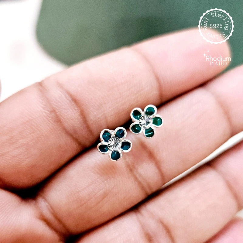 925 Silver Green Flower Kids Earrings | Silvra™