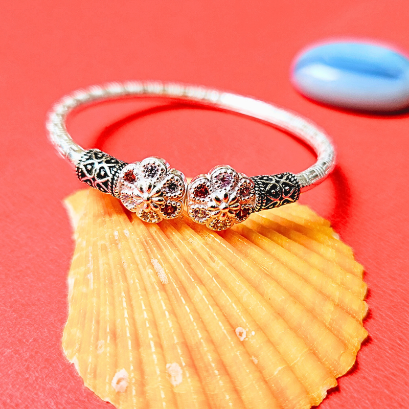 Silver Baby Kada with Blossom Oxidized Motifs - 1