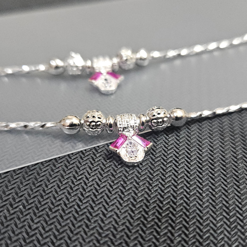 Fancy Card Payal with Pink Stone in Pure Silver
