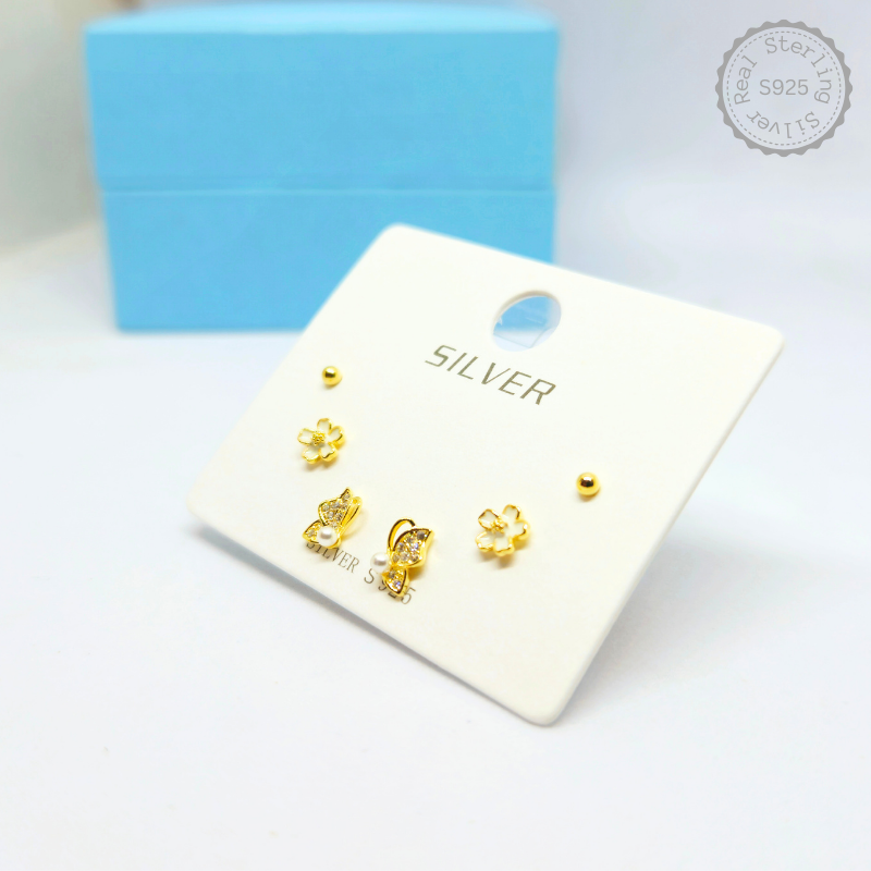 Premium 925 Sterling Silver 3 Hole Earring Set Golden
