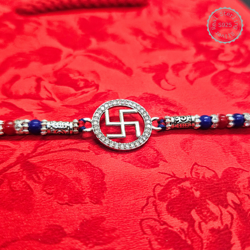 925 Silver Swastik Symbol Inside Circle Rakhi with CZ
