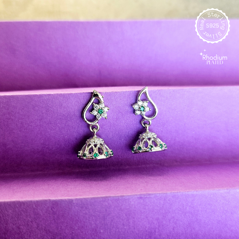 925 Silver Pure Floral Jhumki with Green CZ
