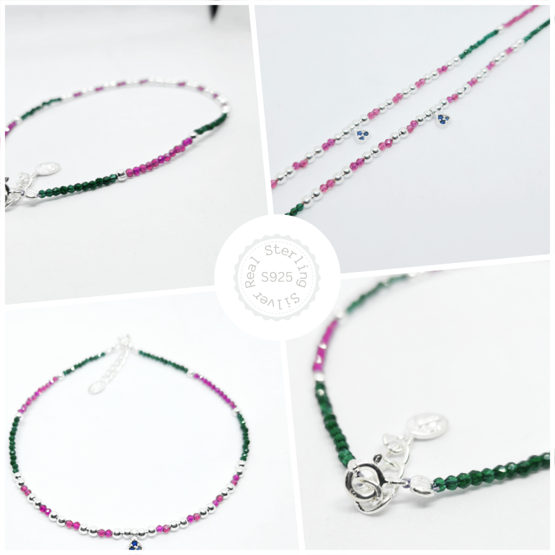 Green and Red Beads Silver Nazariya Anklet