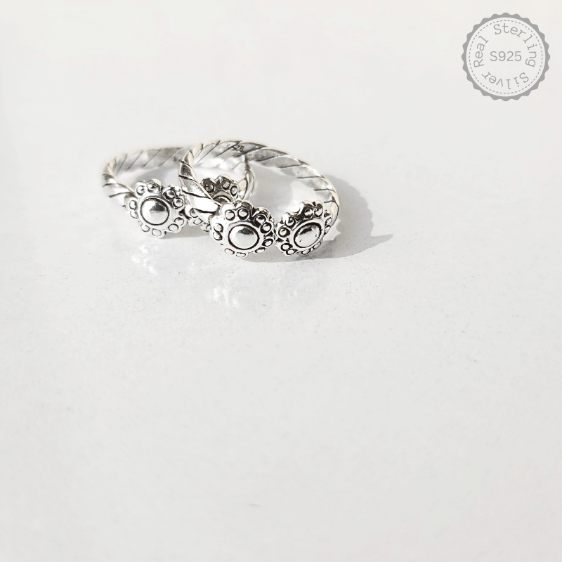 Oxidised 925 Silver Floral Bliss Toe Rings Top Open