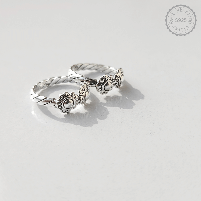 Oxidised 925 Silver Floral Bliss Toe Rings Top Open