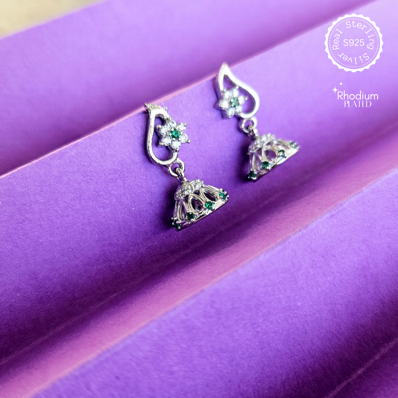 925 Silver Pure Floral Jhumki with Green CZ