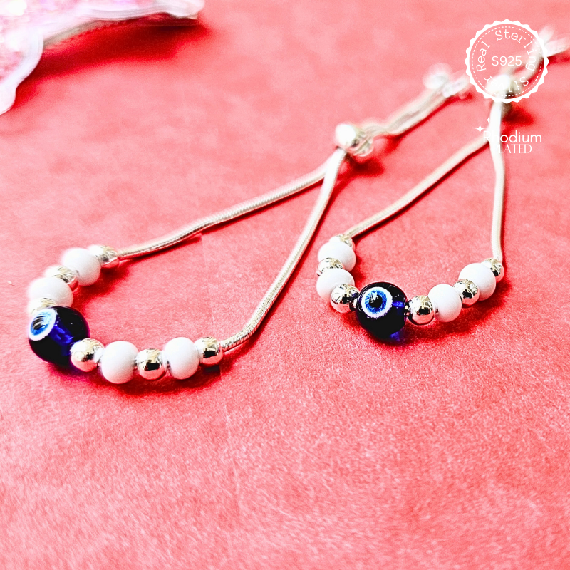 Evil eye Adjustable Anklets with White Beads for kids
