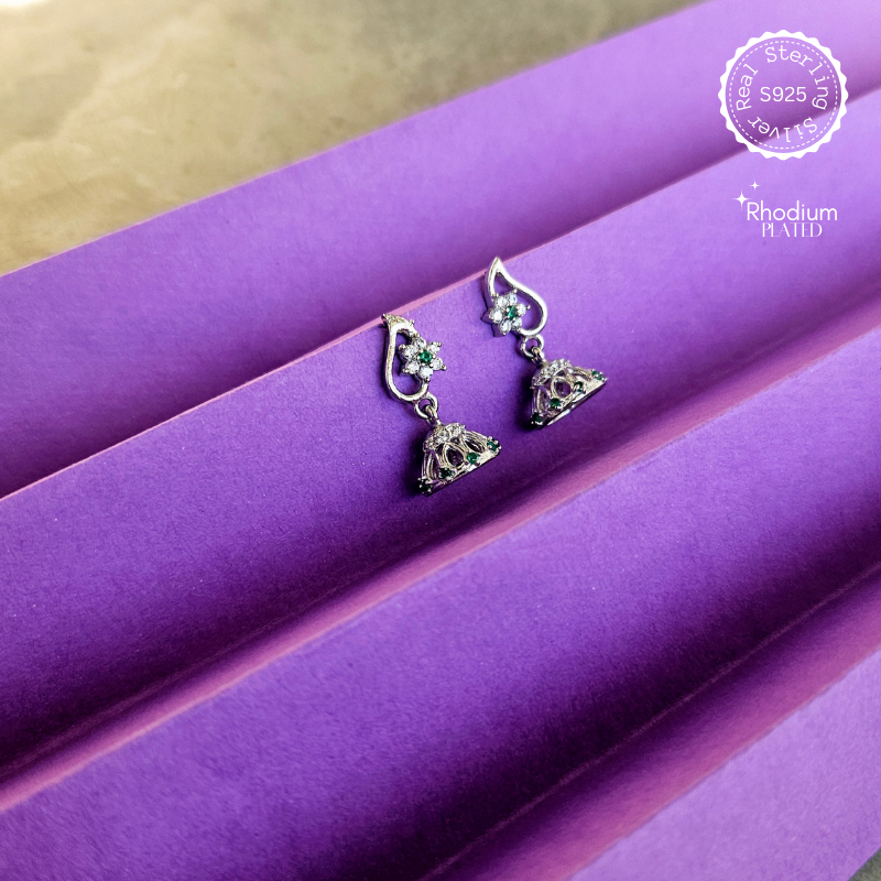 925 Silver Pure Floral Jhumki with Green CZ