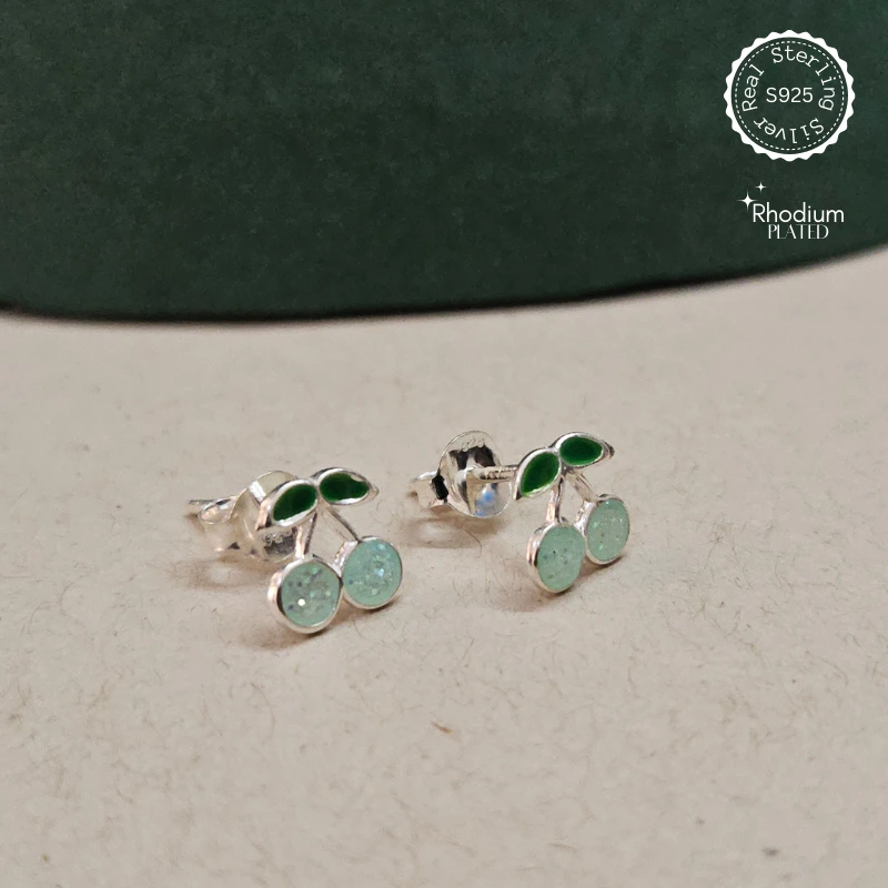 Cute Green Cherry Silver Earrings for kids