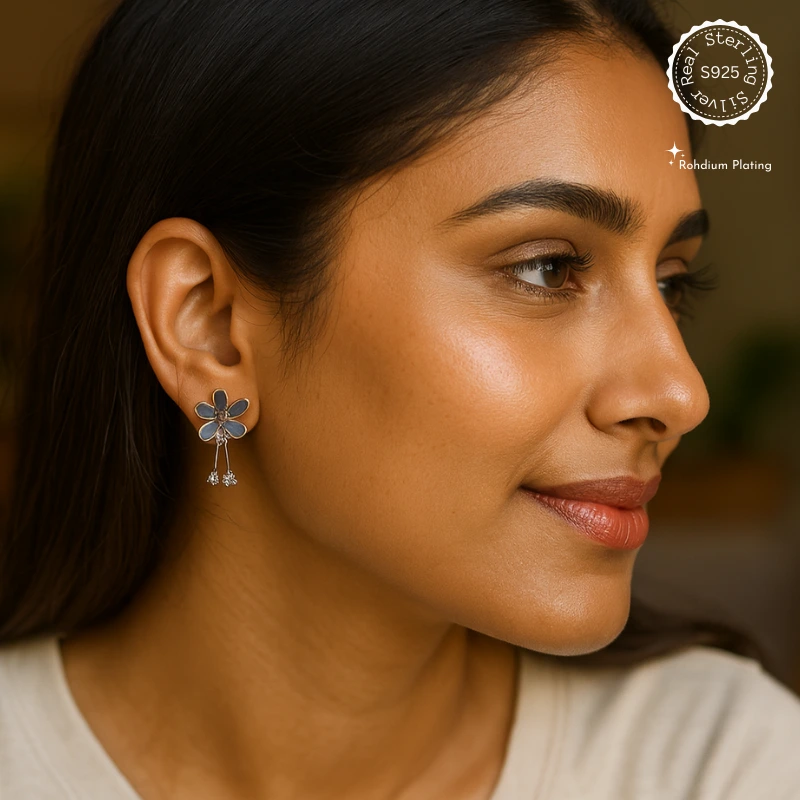 925 Sterling Silver Flower Drop Stud Earrings | Rhodium Plated Pure Silver Jewellery – alternate view