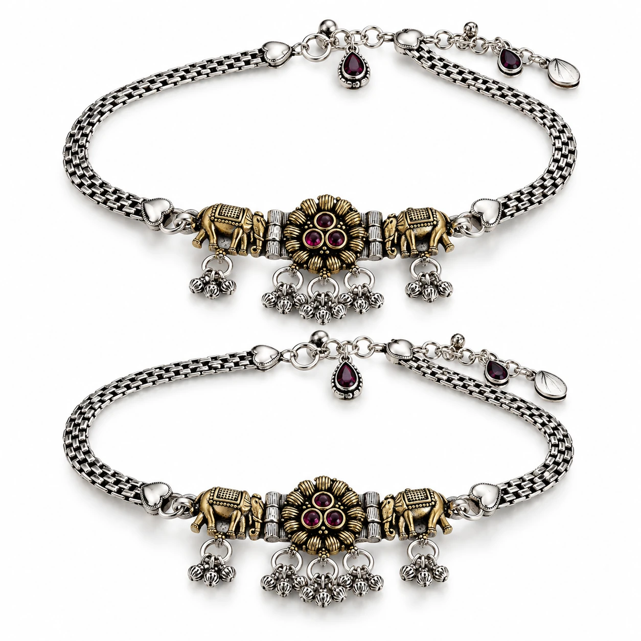 Oxidized Silver Elephant Motif Payal with Ruby-Tone Floral Charm