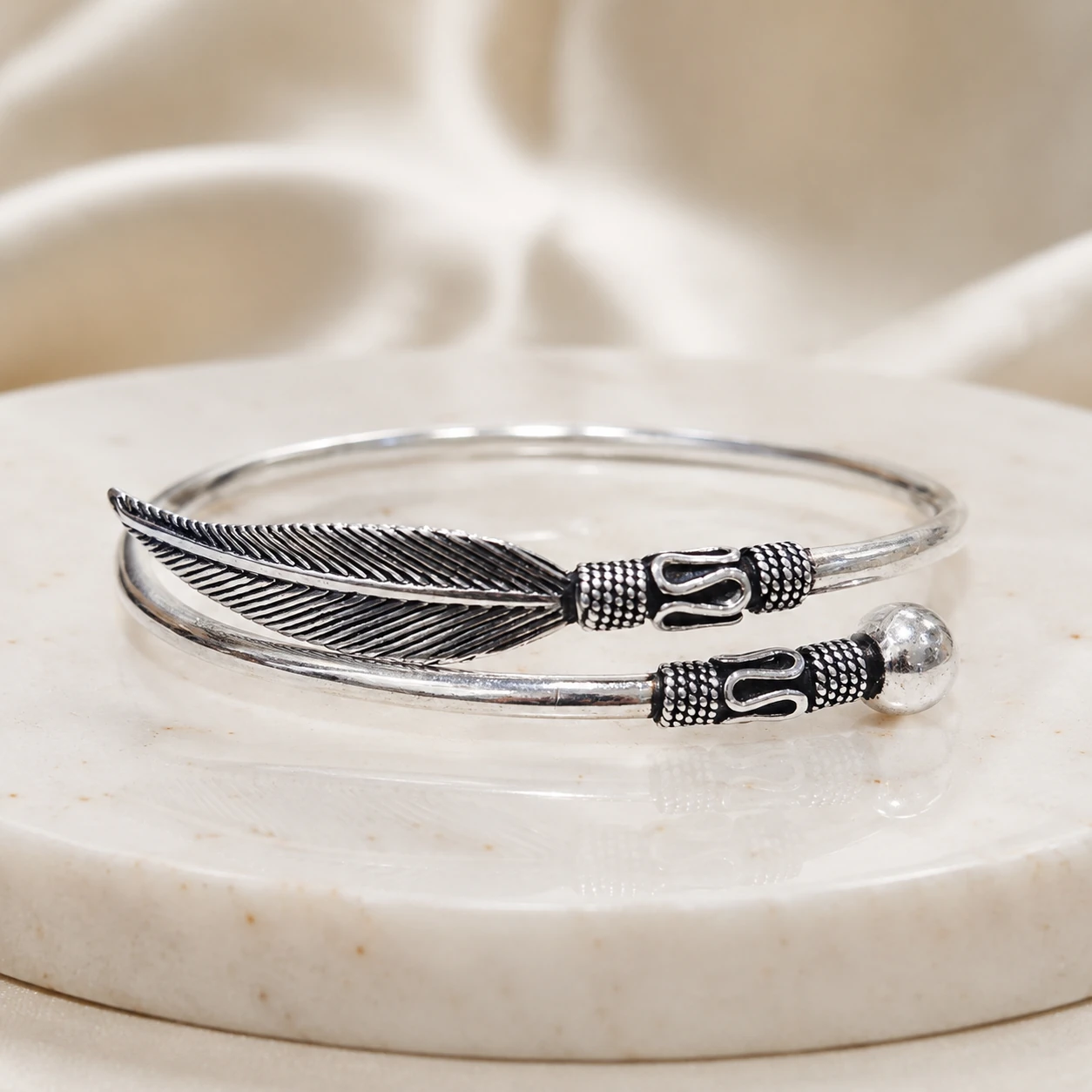 Oxidised Silver Feather Kada for Women | Designer Silver Cuff – alternate view