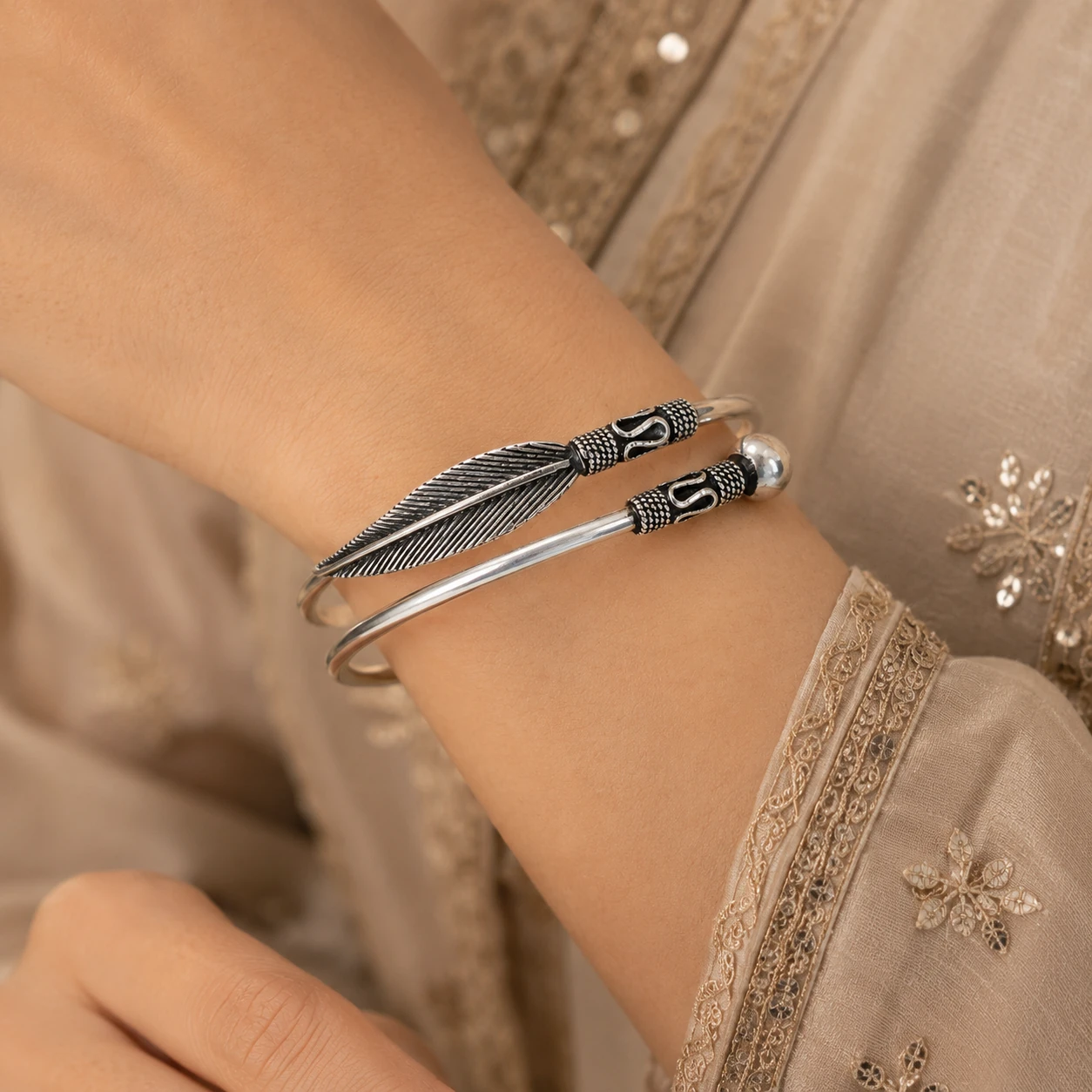 Oxidised Silver Feather Kada for Women | Designer Silver Cuff