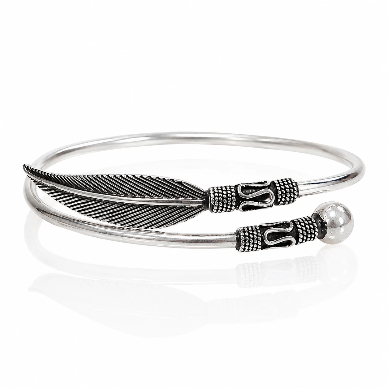 Oxidised Silver Feather Kada for Women | Designer Silver Cuff