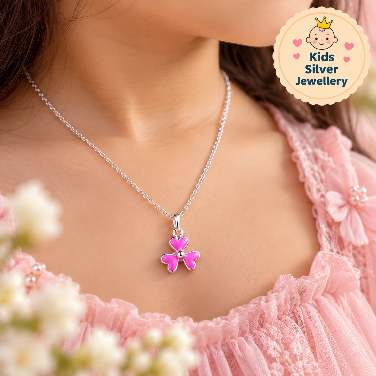 925 Sterling Silver Kids Jewellery Set – Pink Flower Design