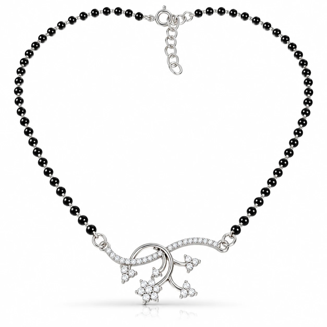 Pure Silver Black Beaded Mangalsutra with Floral Pendant
