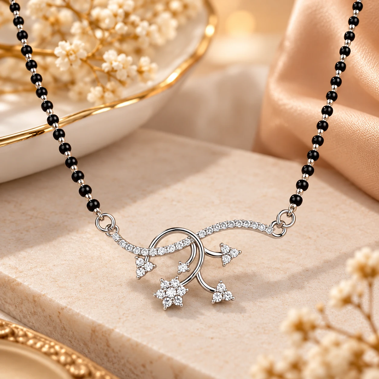 Pure Silver Black Beaded Mangalsutra with Floral Pendant