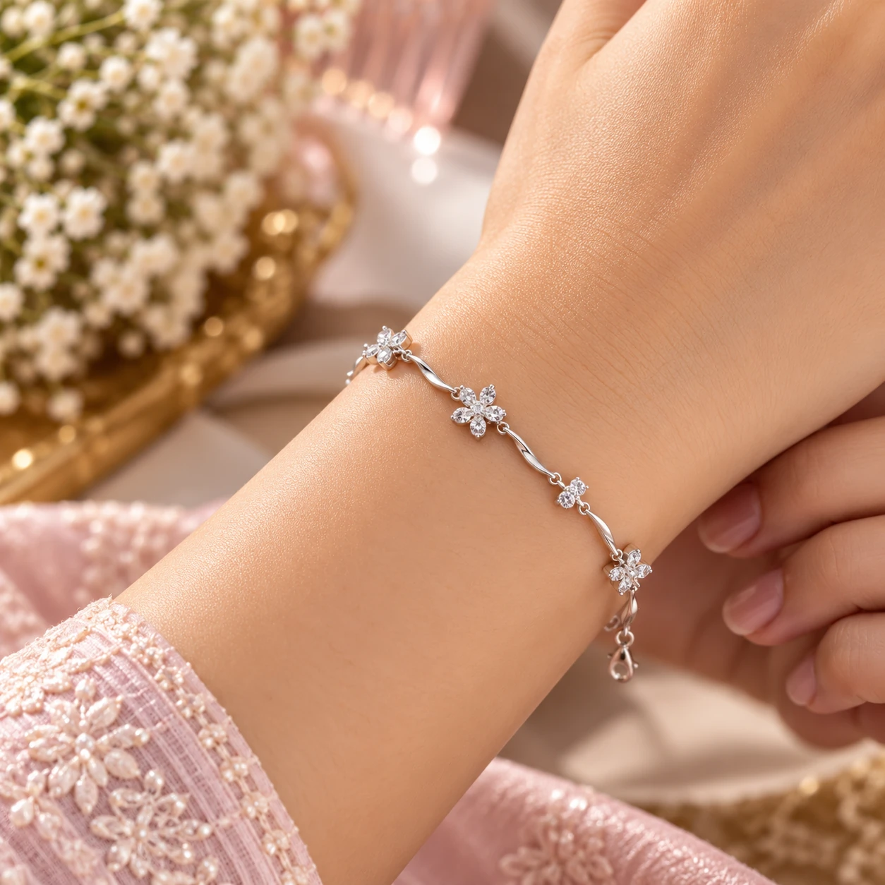 Silvra Elegant Silver Floral Bracelet for Women – Sparkling Flower Design – alternate view