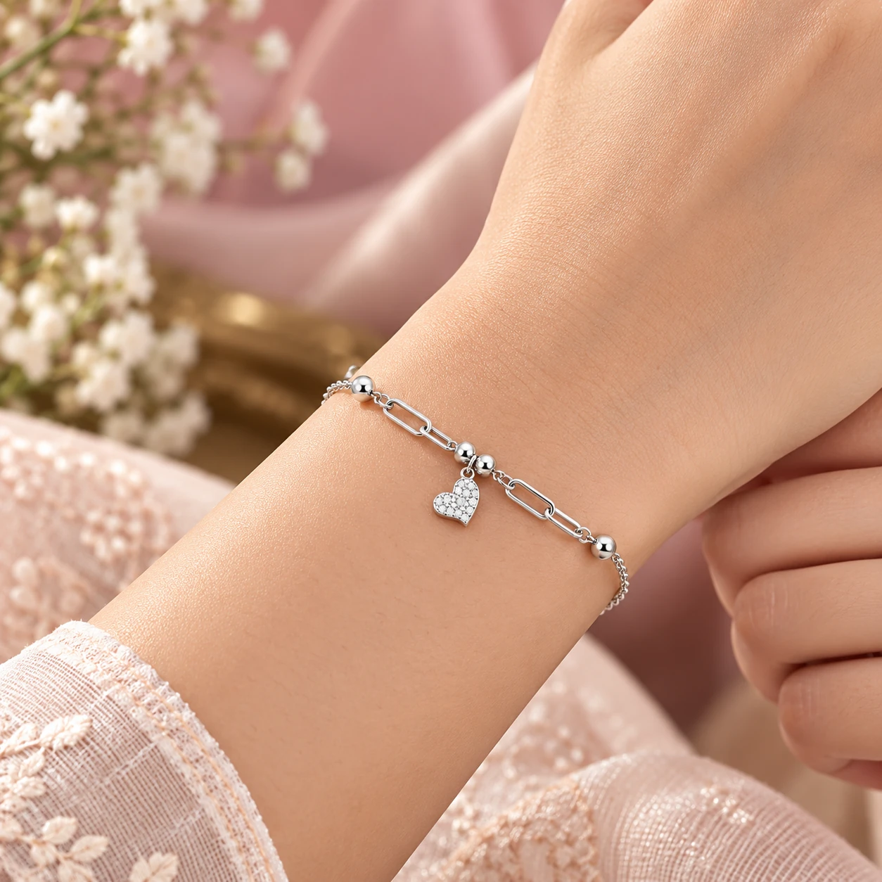 925 Silver Heart interlocked Chain Bracelet – alternate view