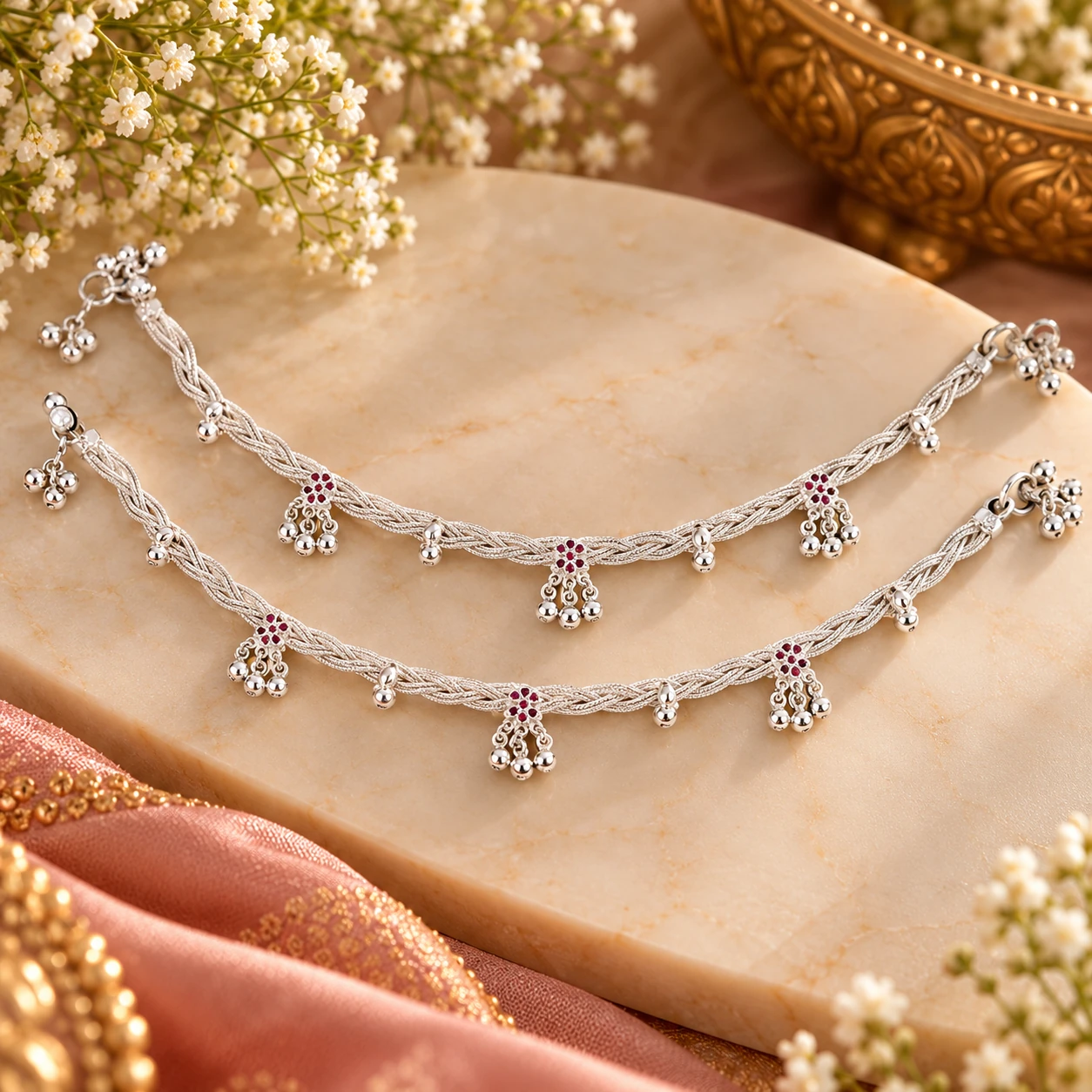 Traditional Silver Payal with Pink Floral Charms | Silvra – alternate view