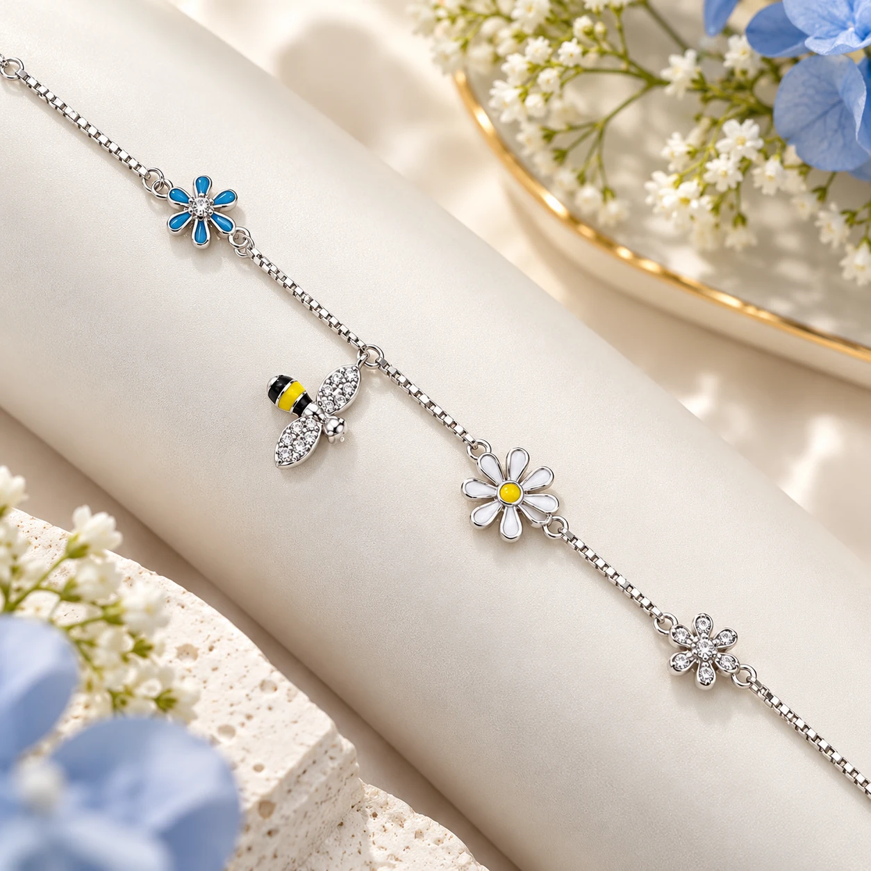 925 Sterling Silver Charm Bracelet for Women – Floral Design