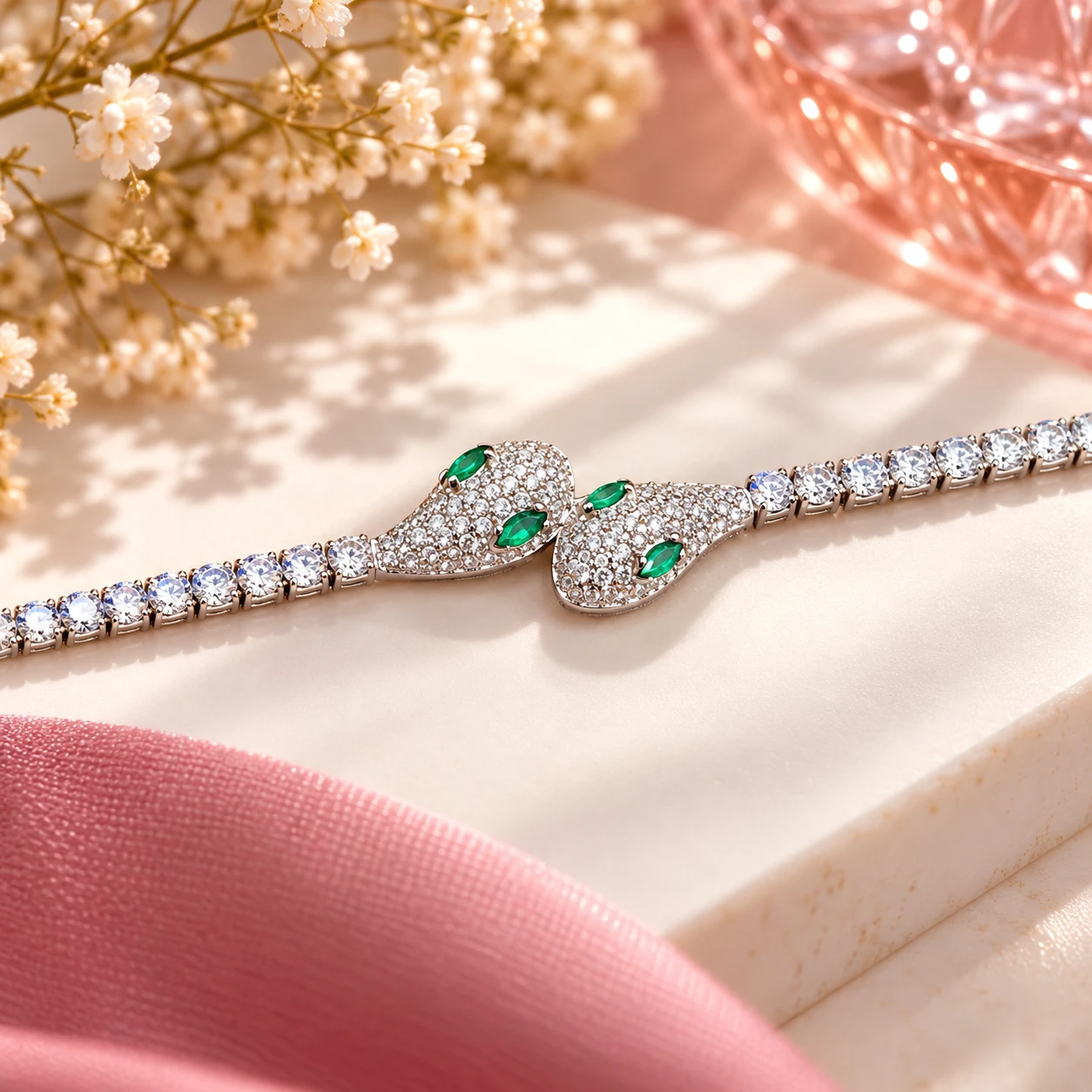 925 Sterling Silver Rhodium Plated Snake Bracelet with Green CZ – 8 Inch – alternate view