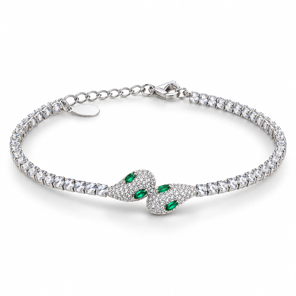 925 Sterling Silver Rhodium Plated Snake Bracelet with Green CZ – 8 Inch