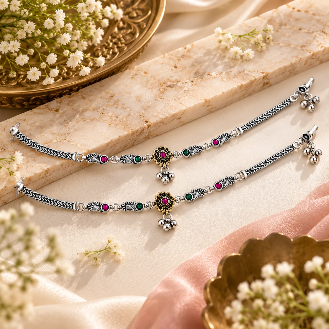 Pure Silver Traditional Payal | Pink & Green Stone Anklet