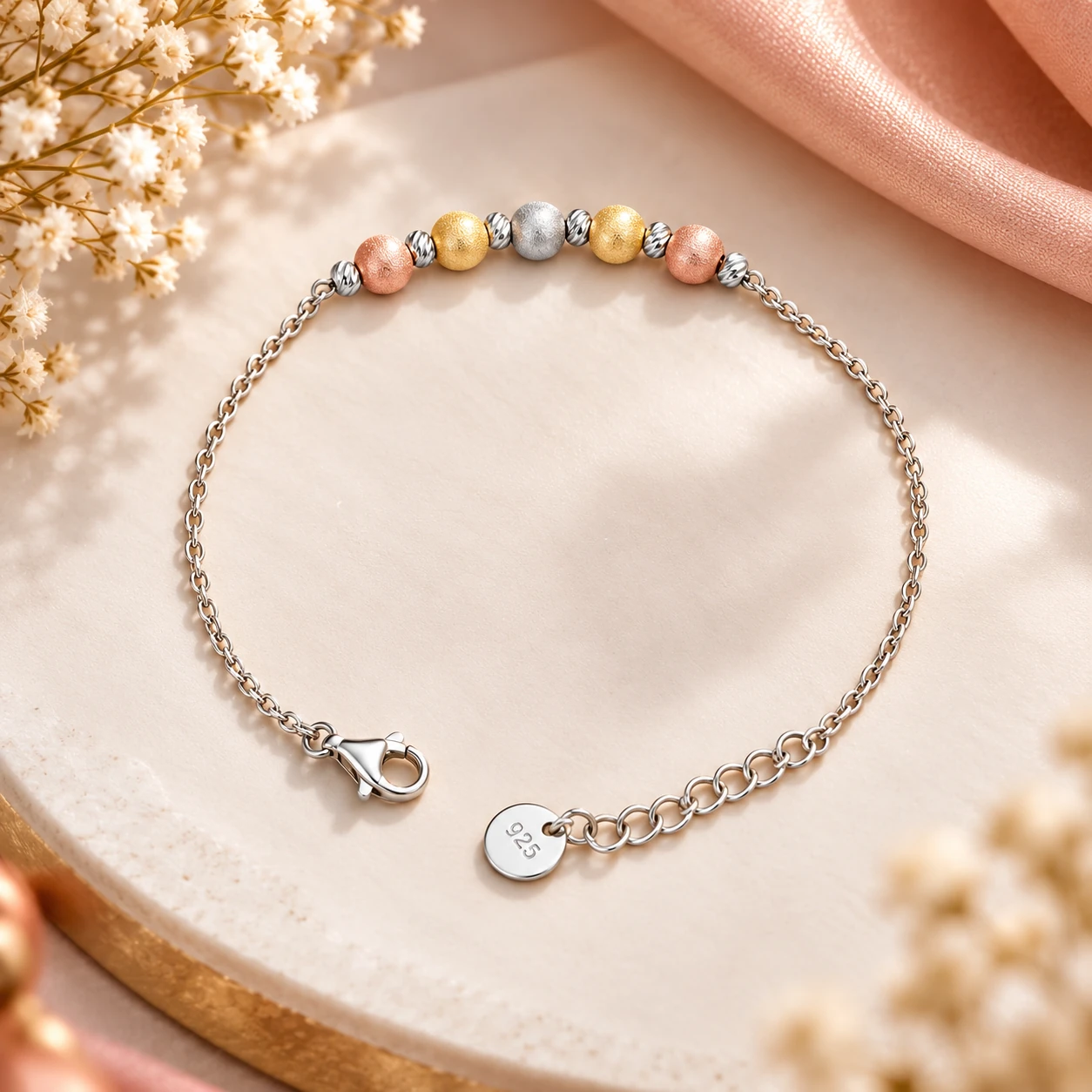 Matte Finish 925 Sterling Silver Tri-Tone Beaded Bracelet for Women – alternate view