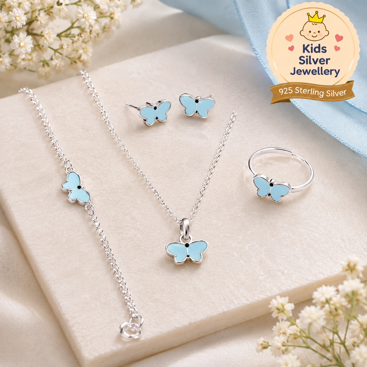 925 Sterling Silver Kids Jewellery Set with Blue Butterfly Design