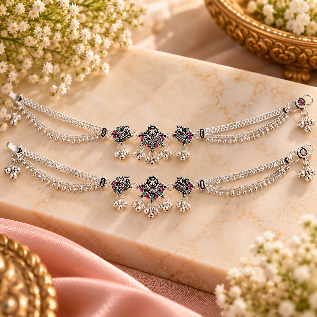 Traditional Pure Silver Peacock Payal | Silvra – alternate view