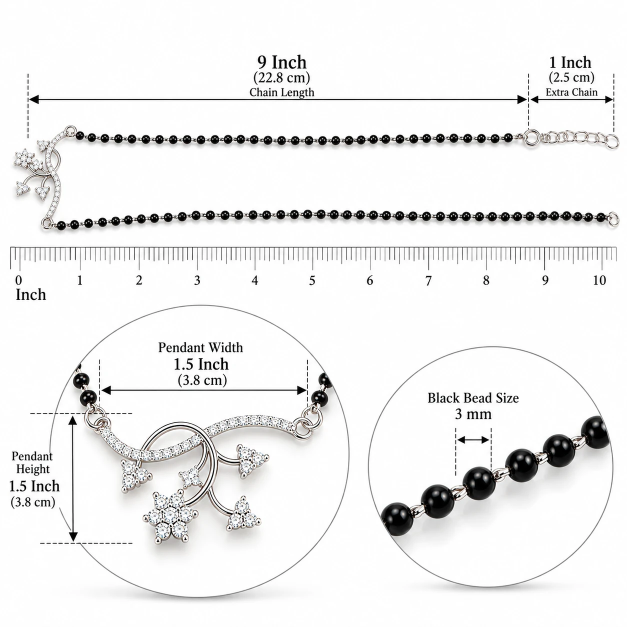 Pure Silver Black Beaded Mangalsutra with Floral Pendant