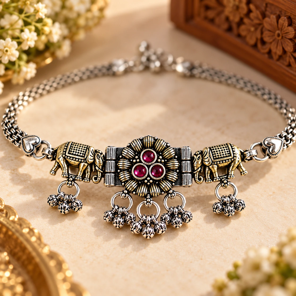 Oxidized Silver Elephant Motif Payal with Ruby-Tone Floral Charm – alternate view