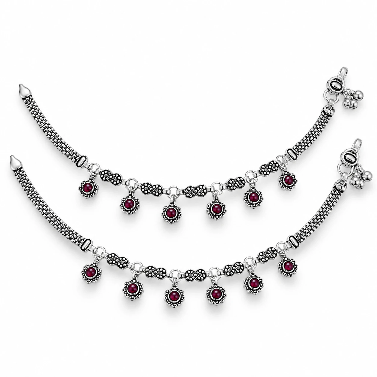 Traditional Silver Payal with Red Floral Charms | Silvra