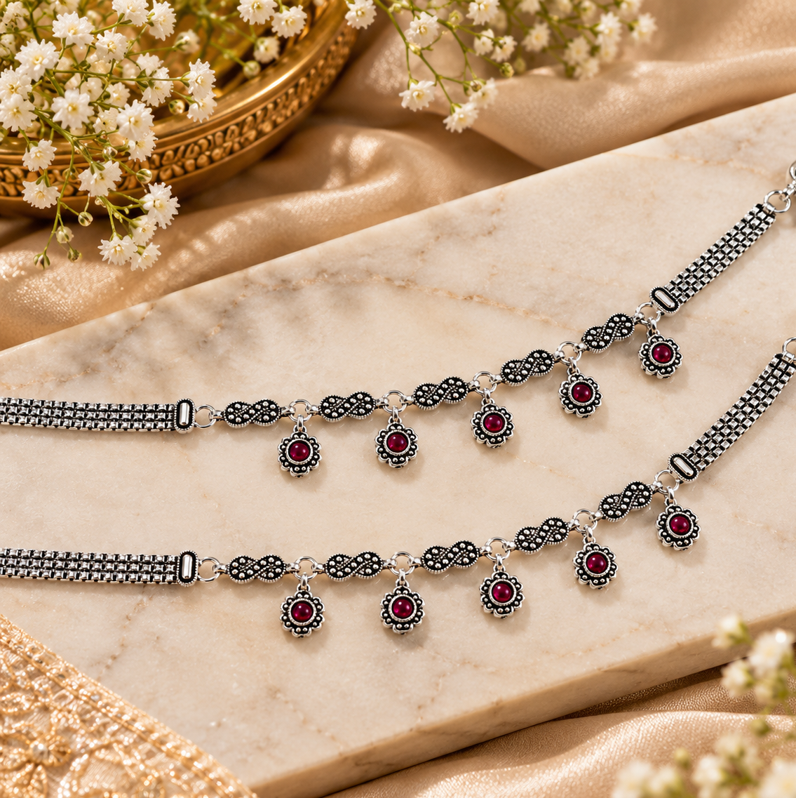 Traditional Silver Payal with Red Floral Charms | Silvra