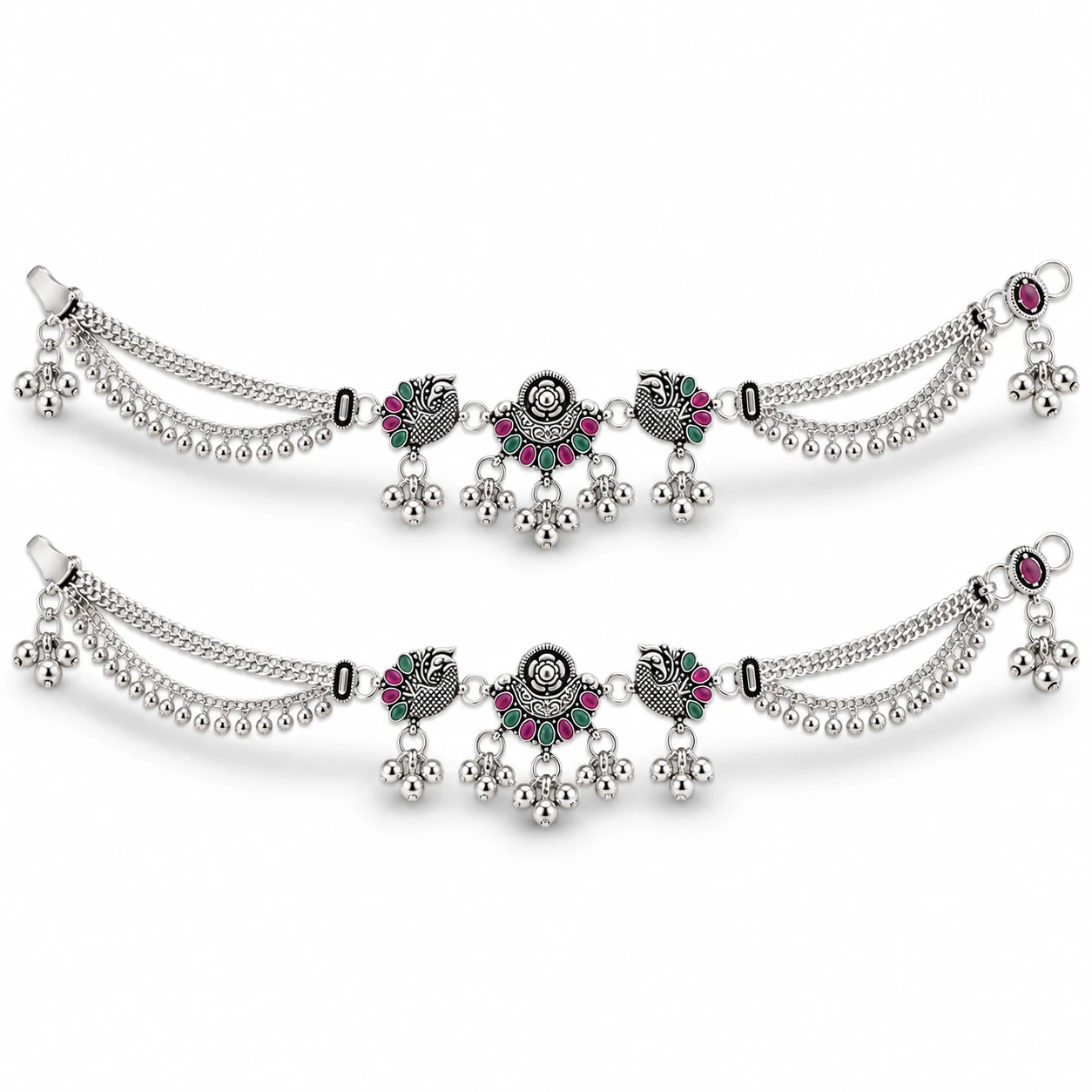 Traditional Pure Silver Peacock Payal | Silvra