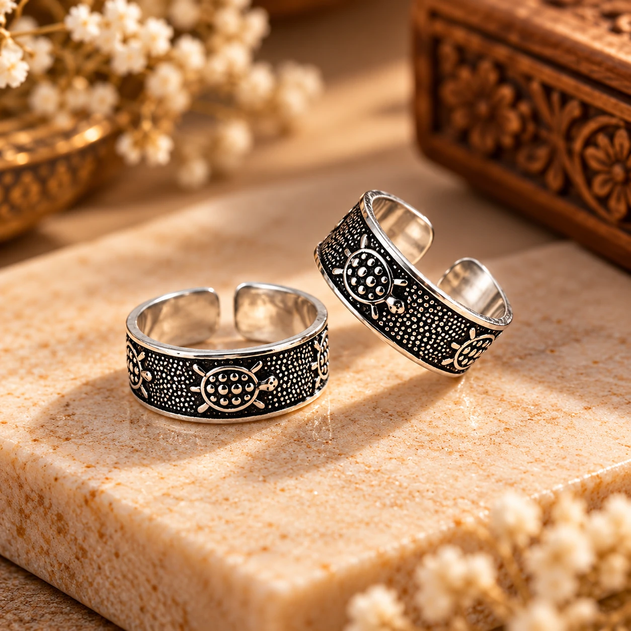 Oxidised 925 Silver Turtle Carve Toe Rings