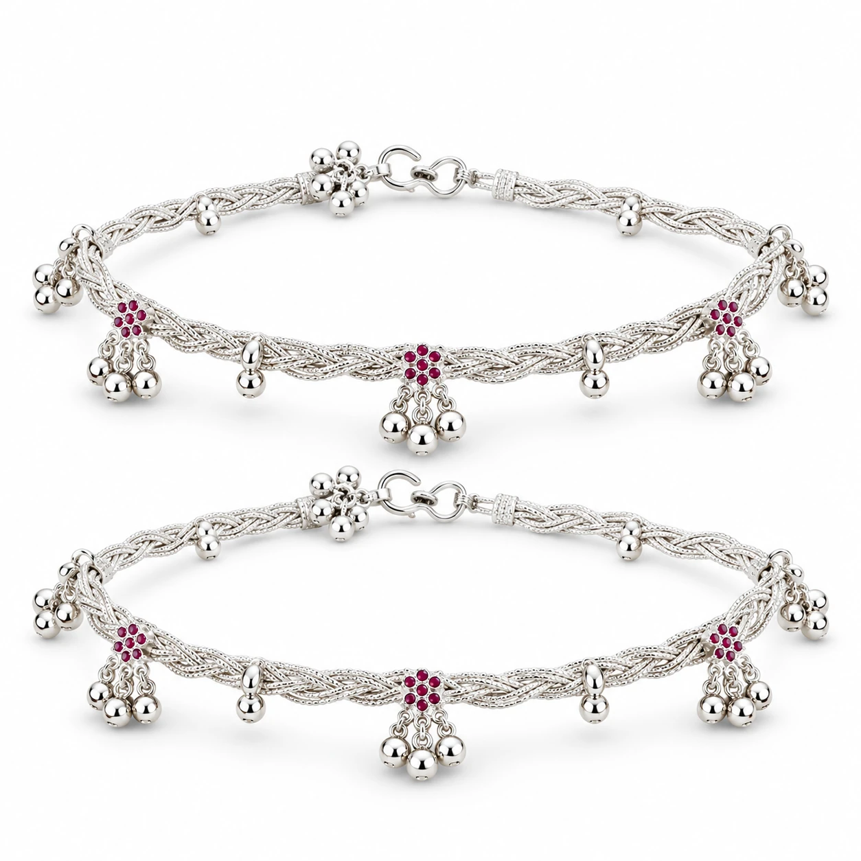 Traditional Silver Payal with Pink Floral Charms | Silvra