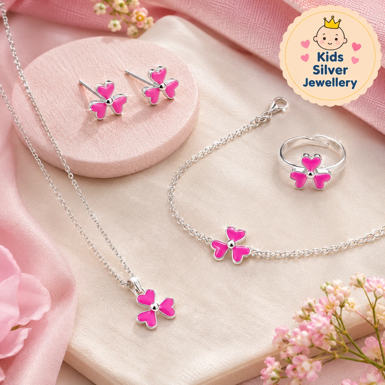 925 Sterling Silver Kids Jewellery Set – Pink Flower Design