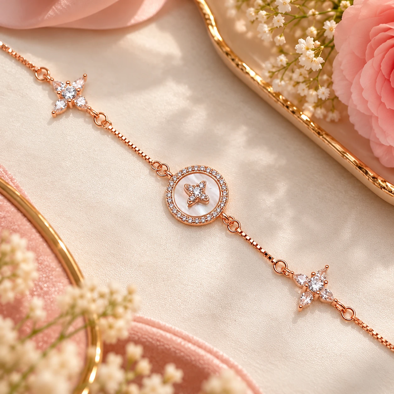 925 Sterling Silver Rose Gold Floral Charm Bracelet | Silvra – alternate view