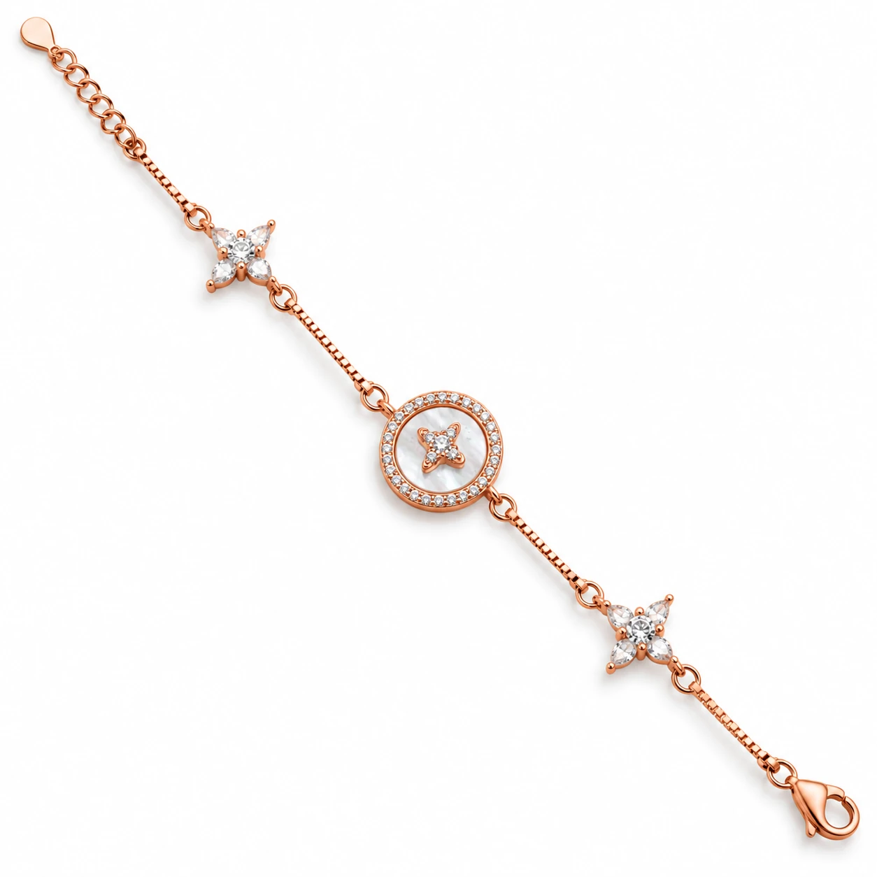 925 Sterling Silver Rose Gold Floral Charm Bracelet | Silvra