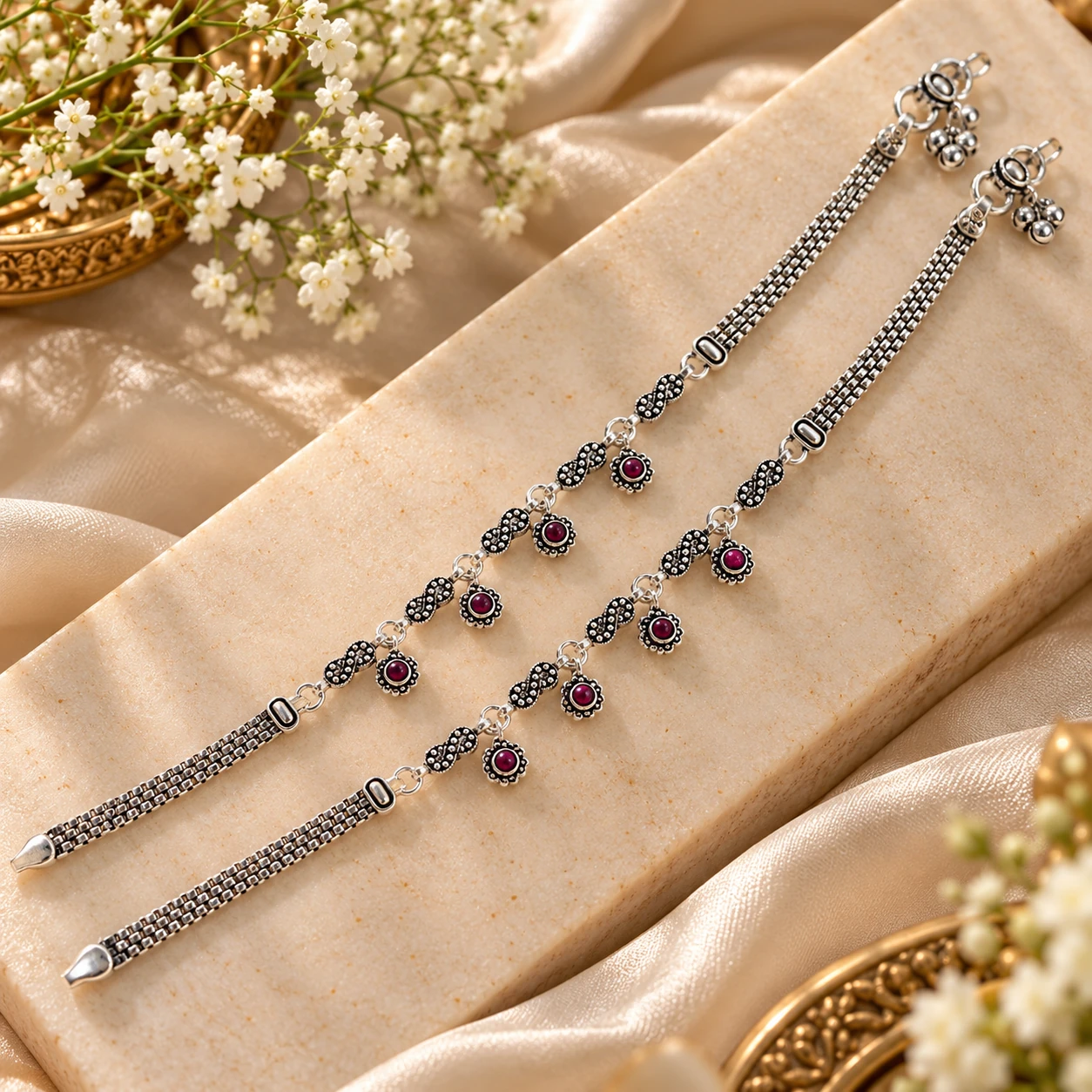 Traditional Silver Payal with Red Floral Charms | Silvra