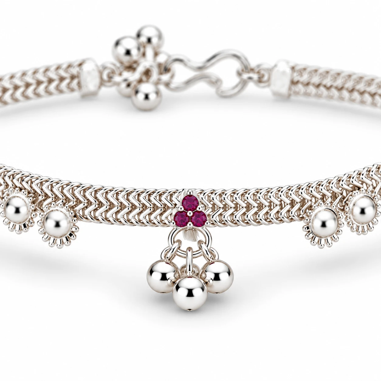 Traditional Silver Payal with Pink Stone & Dangling Beads | Silvra