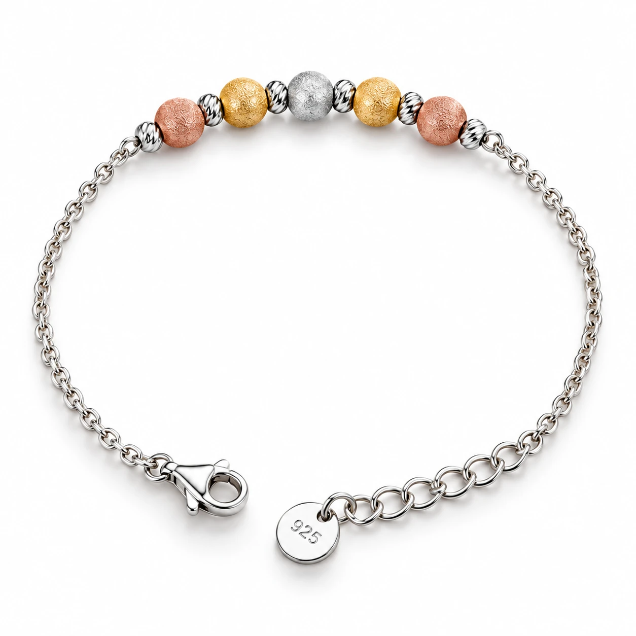 Matte Finish 925 Sterling Silver Tri-Tone Beaded Bracelet for Women